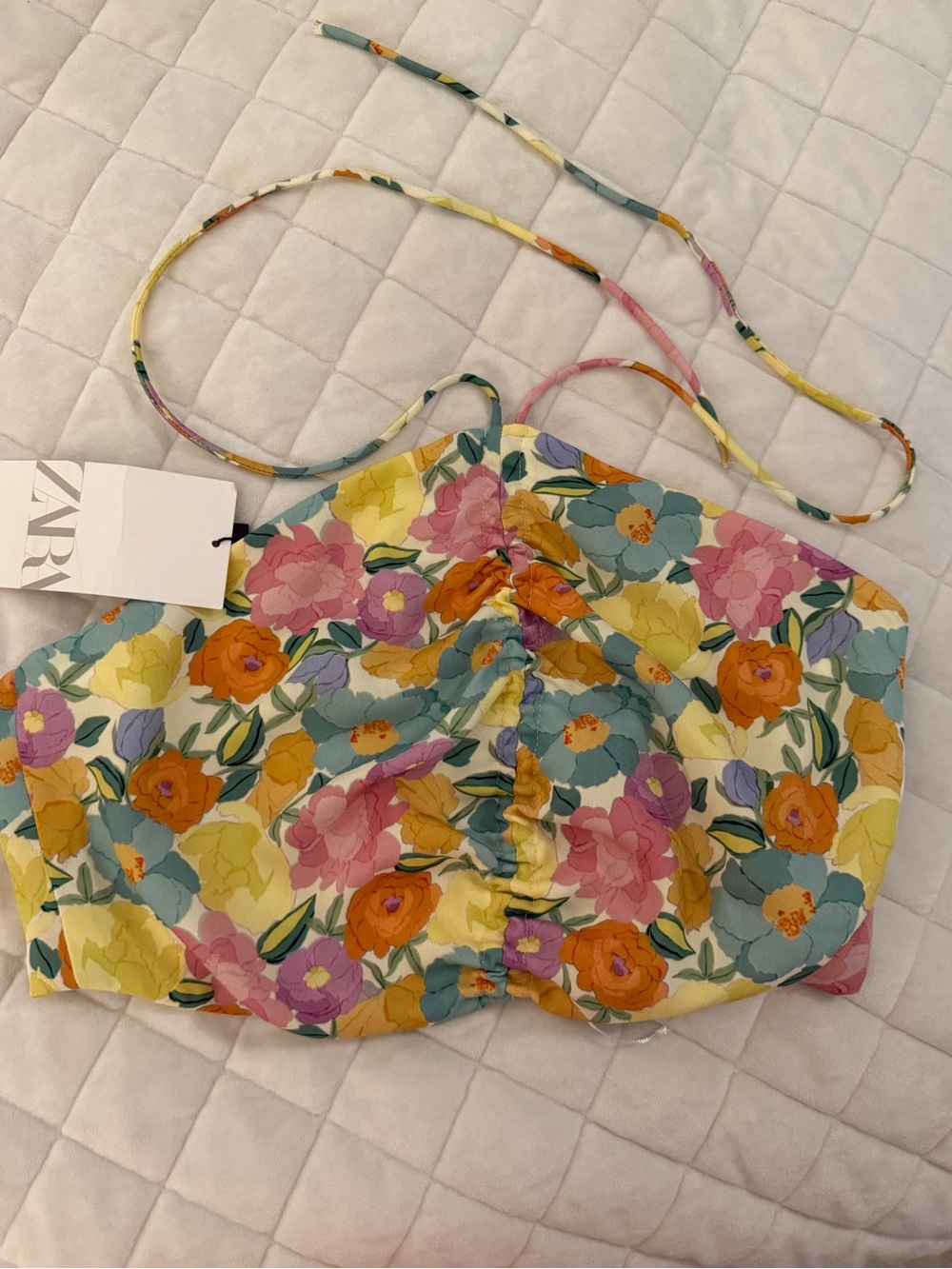 NWT Zara Floral Ruched Halter Crop Top - Multicolor